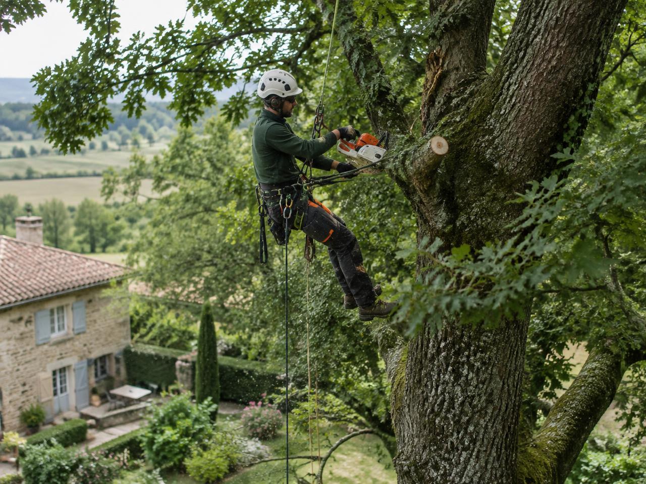 Élagueur professionnel en intervention dans un arbre